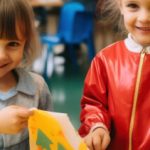 Two smiling children working together on a colourful paper craft